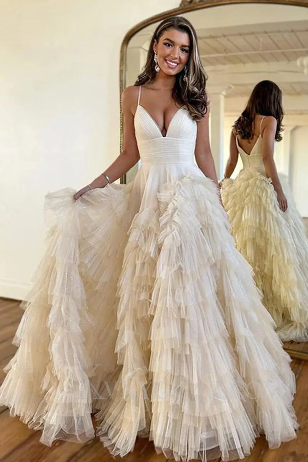 Light Pink Tulle Tiered A-Line Long Sweep Train Prom Dress LF034