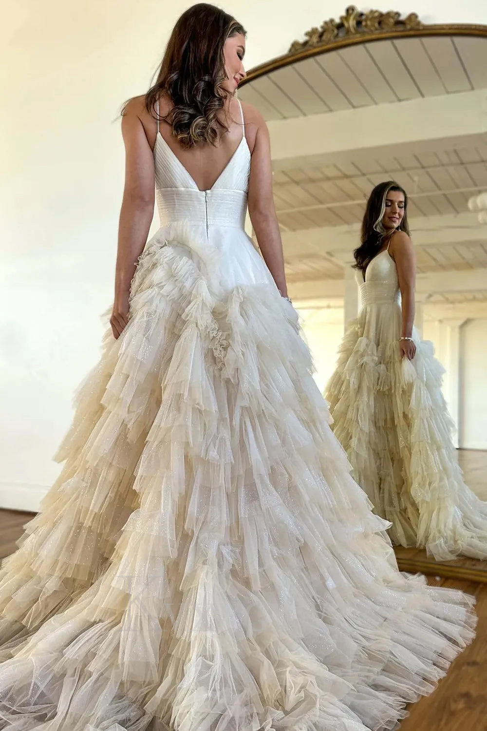 Light Pink Tulle Tiered A-Line Long Sweep Train Prom Dress LF034