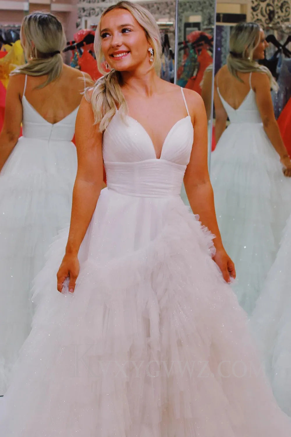 Light Pink Tulle Tiered A-Line Long Sweep Train Prom Dress LF034