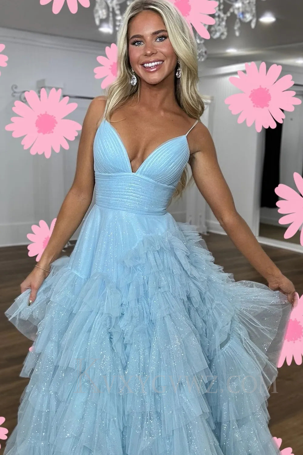 Light Pink Tulle Tiered A-Line Long Sweep Train Prom Dress LF034