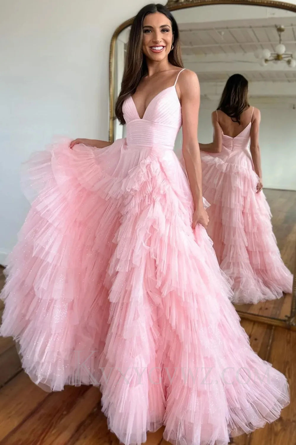 Light Pink Tulle Tiered A-Line Long Sweep Train Prom Dress LF034