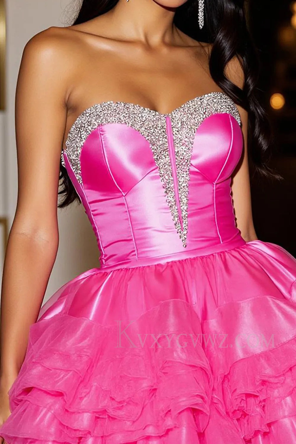Sparkly Fuchsia Organza Beaded Short Corset Homecoming/Cocktail Dress with Ruffles LF341