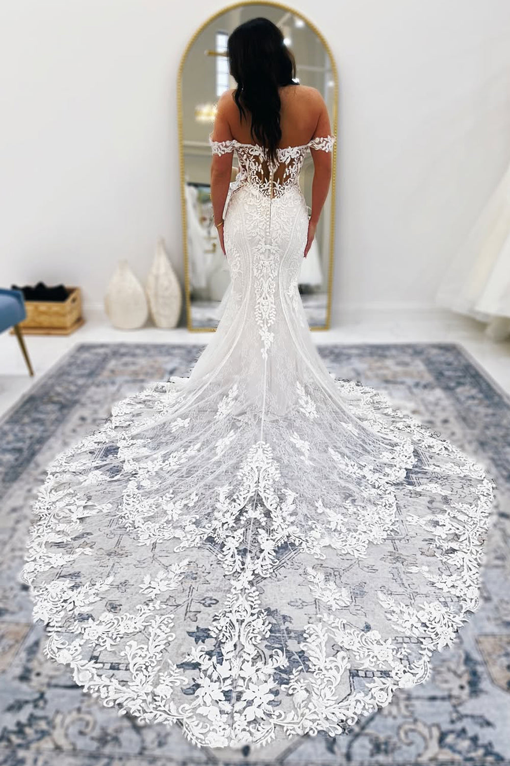 Bohemian Mermaid Off the Shoulder Lace Beach Wedding Dresses Gown HS840