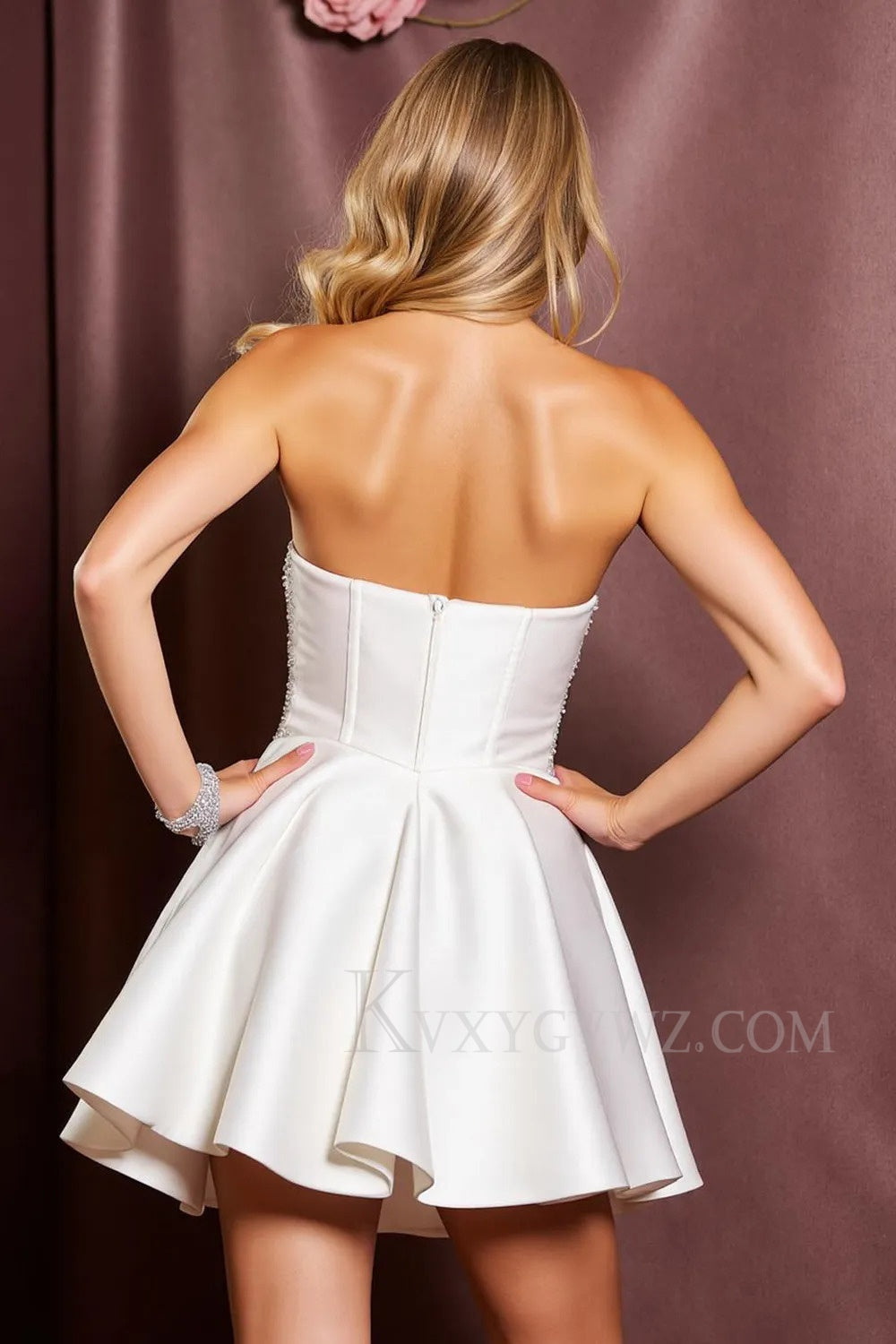 Sparkly White Strapless Satin Short Homecoming/Cocktail Dress with Beading LF347