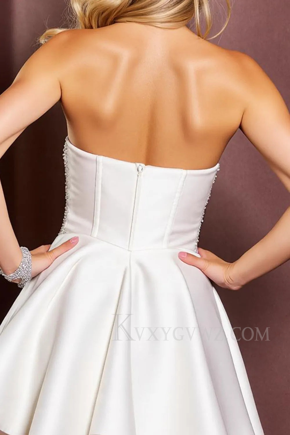 Sparkly White Strapless Satin Short Homecoming/Cocktail Dress with Beading LF347