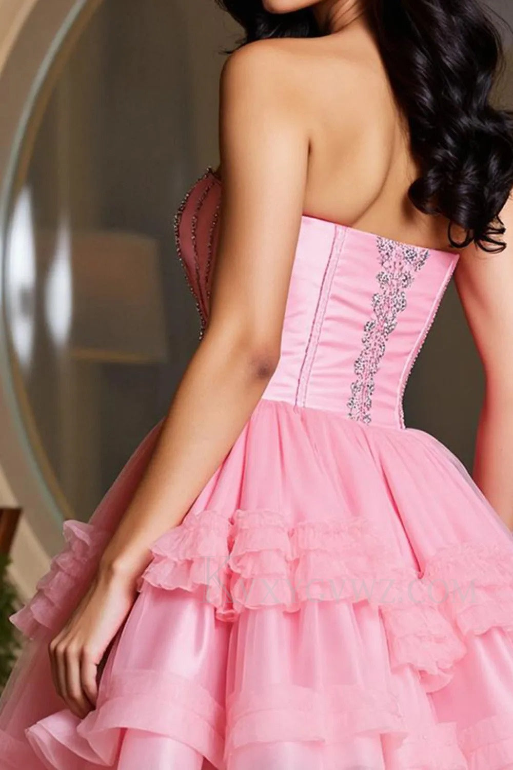 Sparkly Pink Beaded Sweetheart Short Homecoming/Cocktail Dress with Ruffles LF348