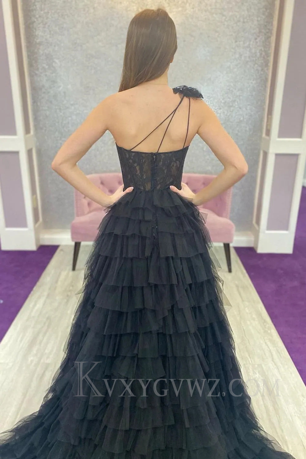 Black One Shoulder Corset Tiered Long Prom Dress with Ruffles LF035