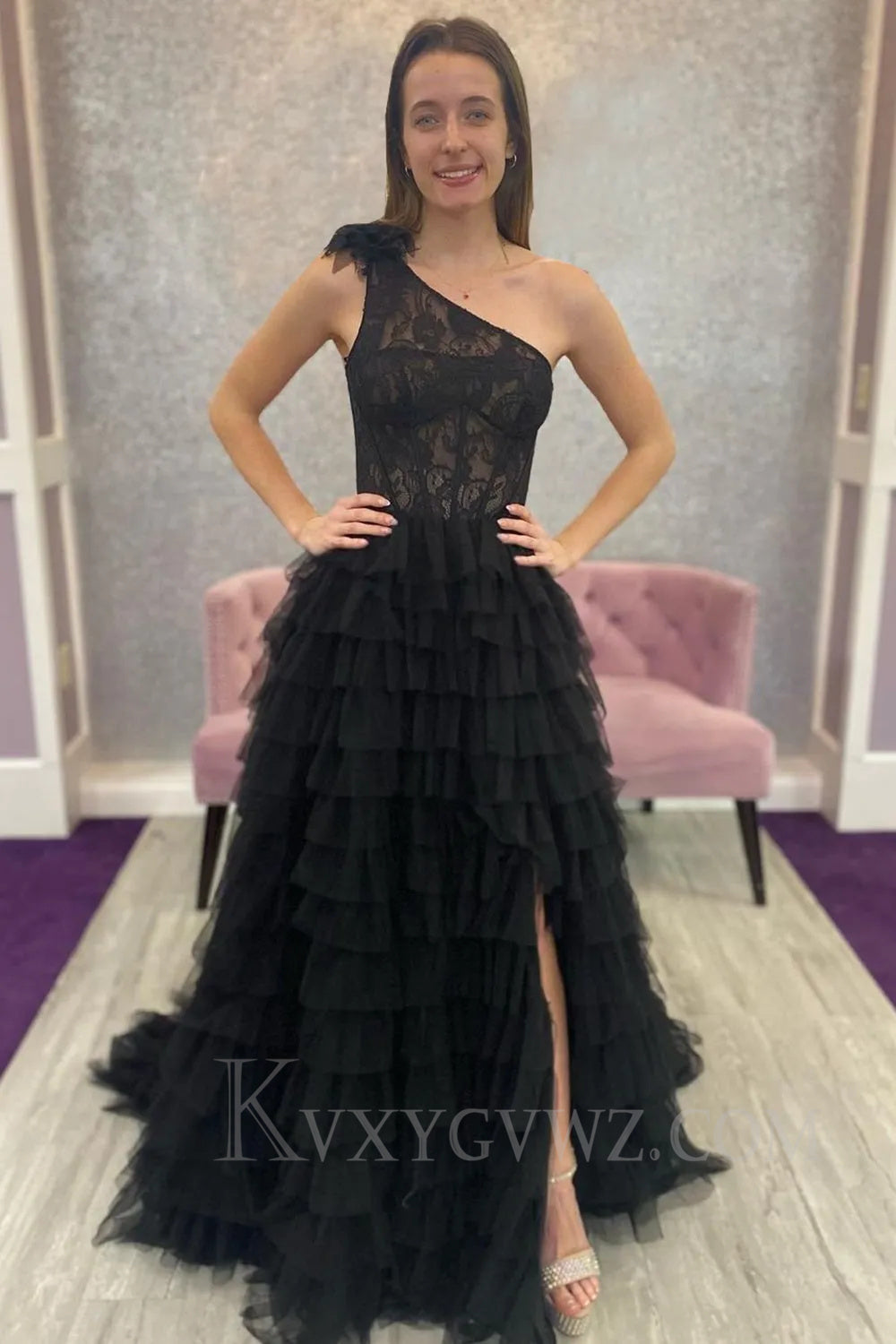 Black One Shoulder Corset Tiered Long Prom Dress with Ruffles LF035