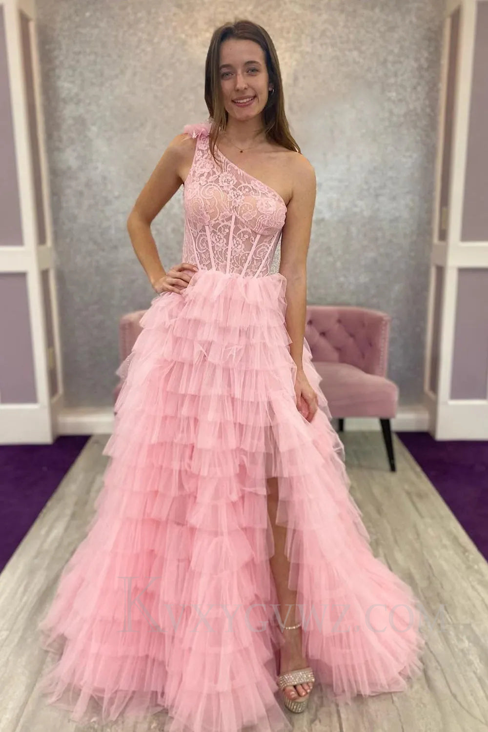 Black One Shoulder Corset Tiered Long Prom Dress with Ruffles LF035