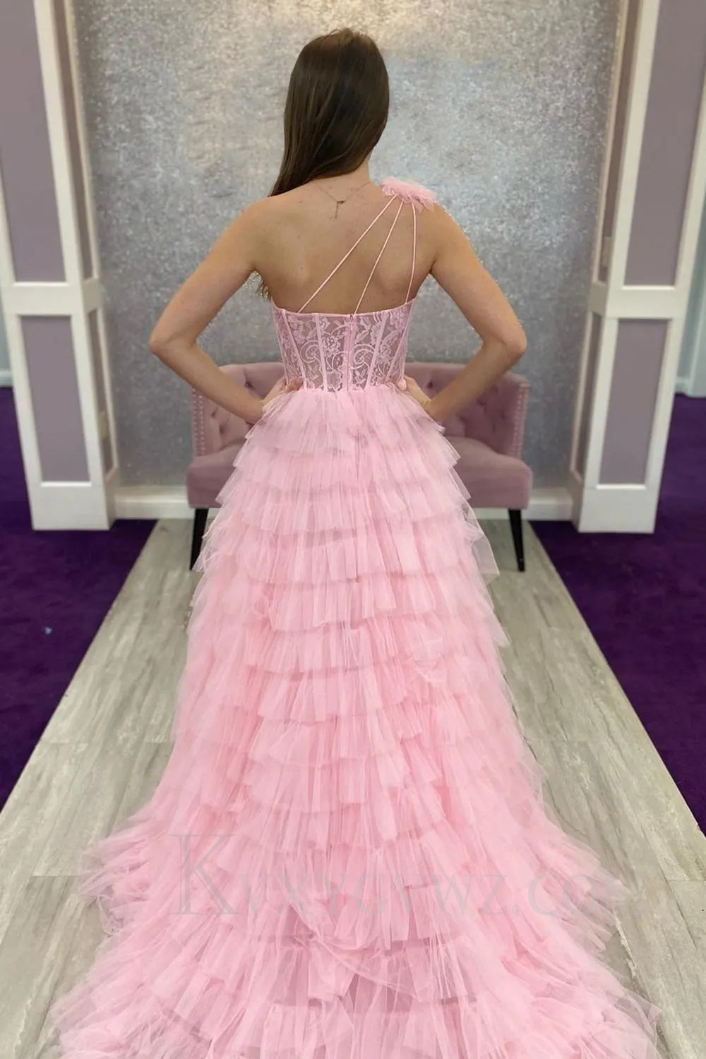 Black One Shoulder Corset Tiered Long Prom Dress with Ruffles LF035