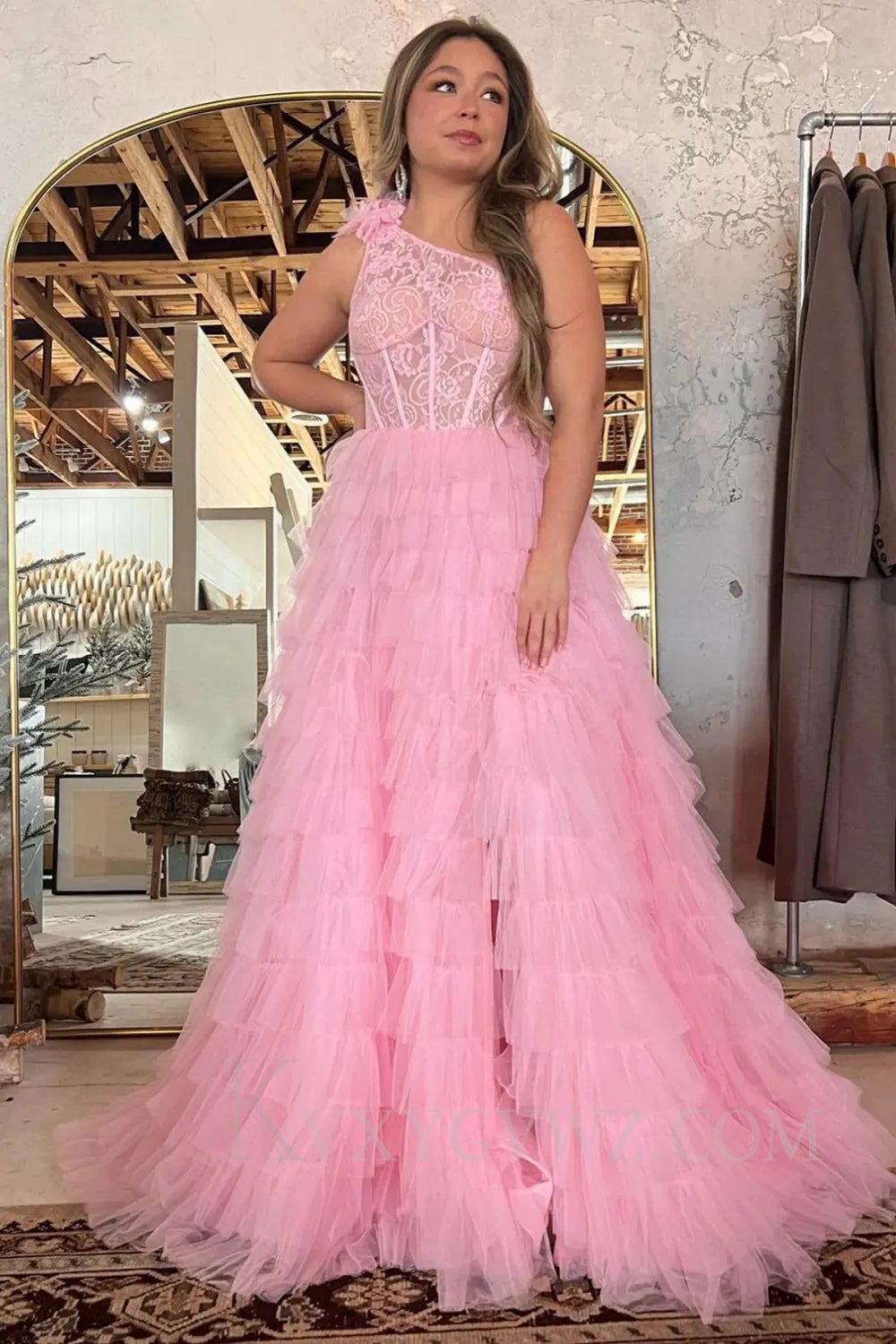 Black One Shoulder Corset Tiered Long Prom Dress with Ruffles LF035