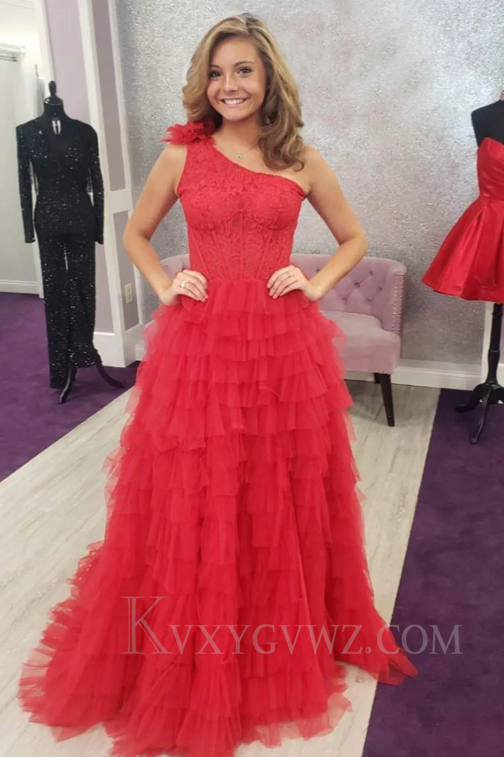 Black One Shoulder Corset Tiered Long Prom Dress with Ruffles LF035