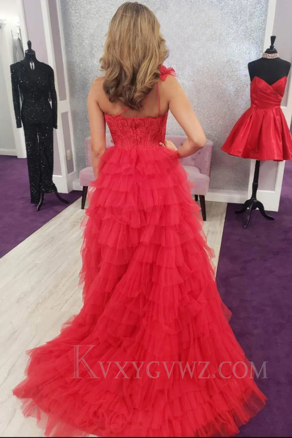 Black One Shoulder Corset Tiered Long Prom Dress with Ruffles LF035