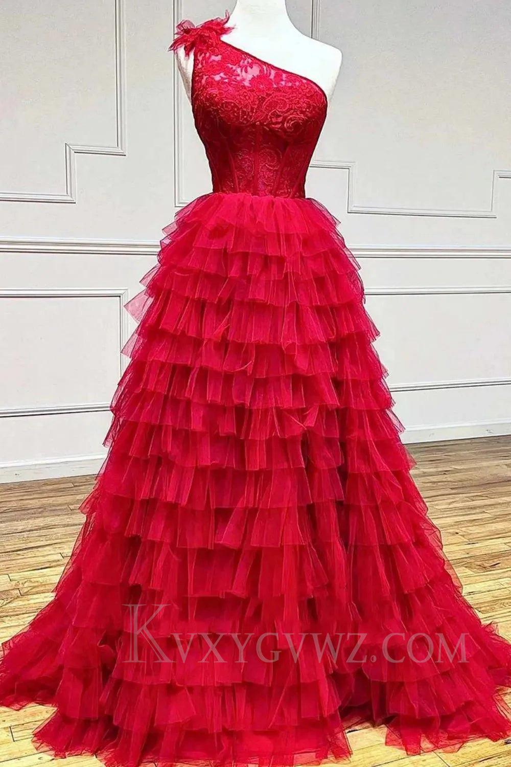 Black One Shoulder Corset Tiered Long Prom Dress with Ruffles LF035
