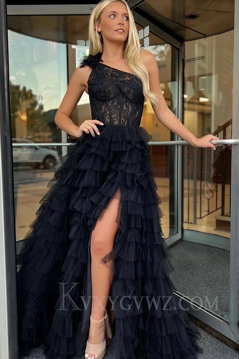 Black One Shoulder Corset Tiered Long Prom Dress with Ruffles LF035