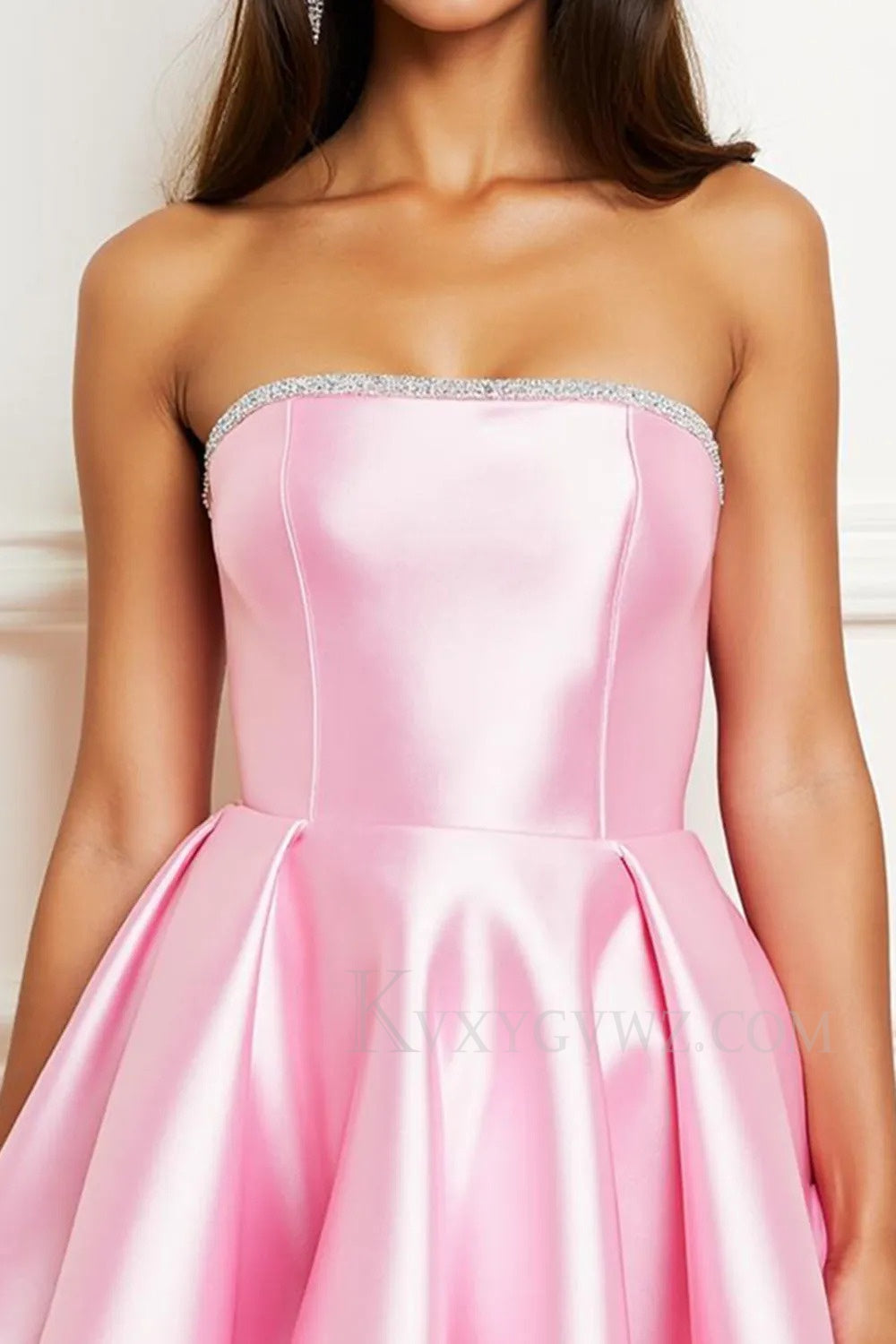 Sparkly Pink Satin Strapless Short Homecoming/Cocktail Dress with Beading LF351