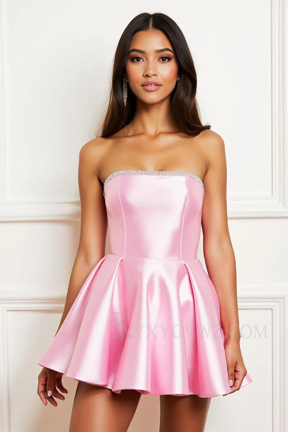 Sparkly Pink Satin Strapless Short Homecoming/Cocktail Dress with Beading LF351