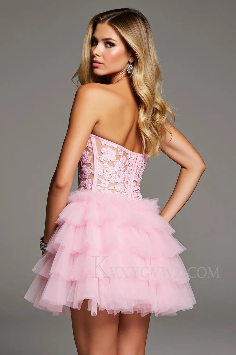 Pink Ruffled Sweetheart Short Corset Homecoming/Cocktail Dress with Lace LF354