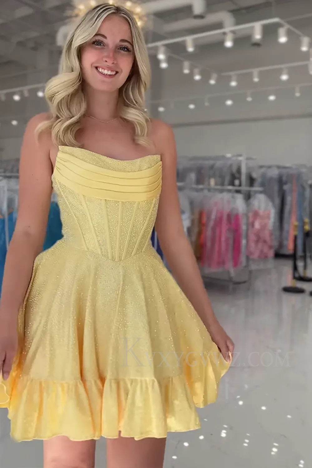 Sparkly Yellow Beaded Strapless Short Corset Homecoming/Cocktail Dress LF357