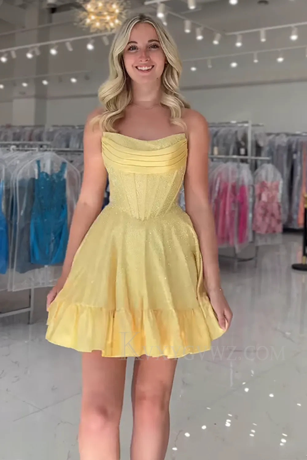 Sparkly Yellow Beaded Strapless Short Corset Homecoming/Cocktail Dress LF357