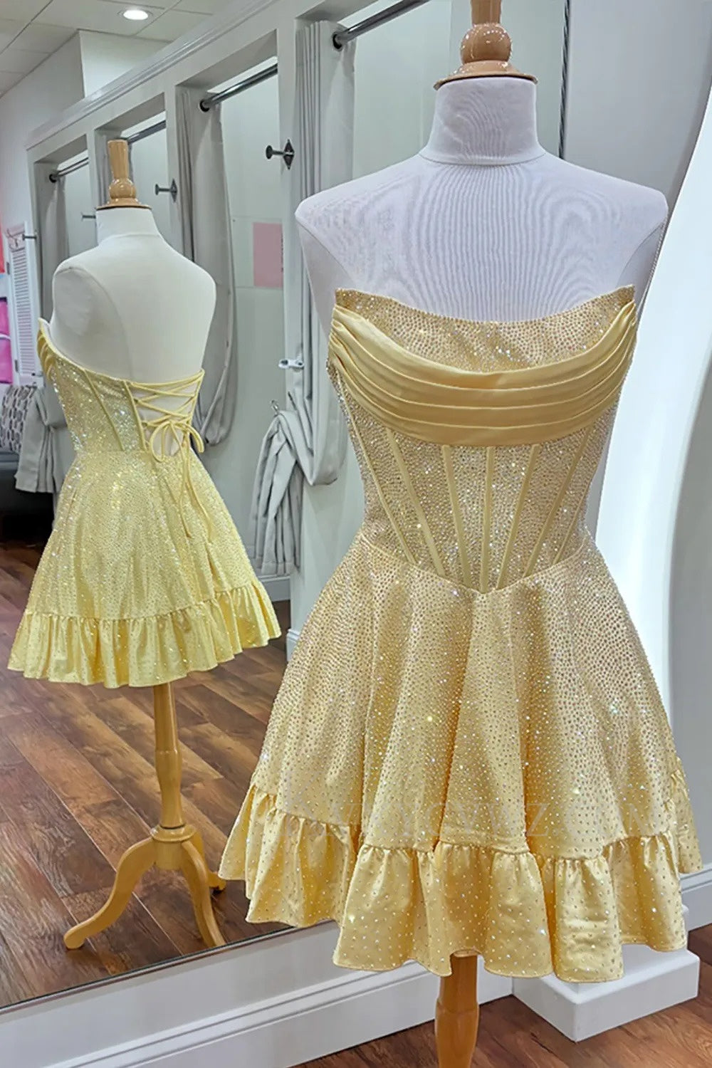 Sparkly Yellow Beaded Strapless Short Corset Homecoming/Cocktail Dress LF357