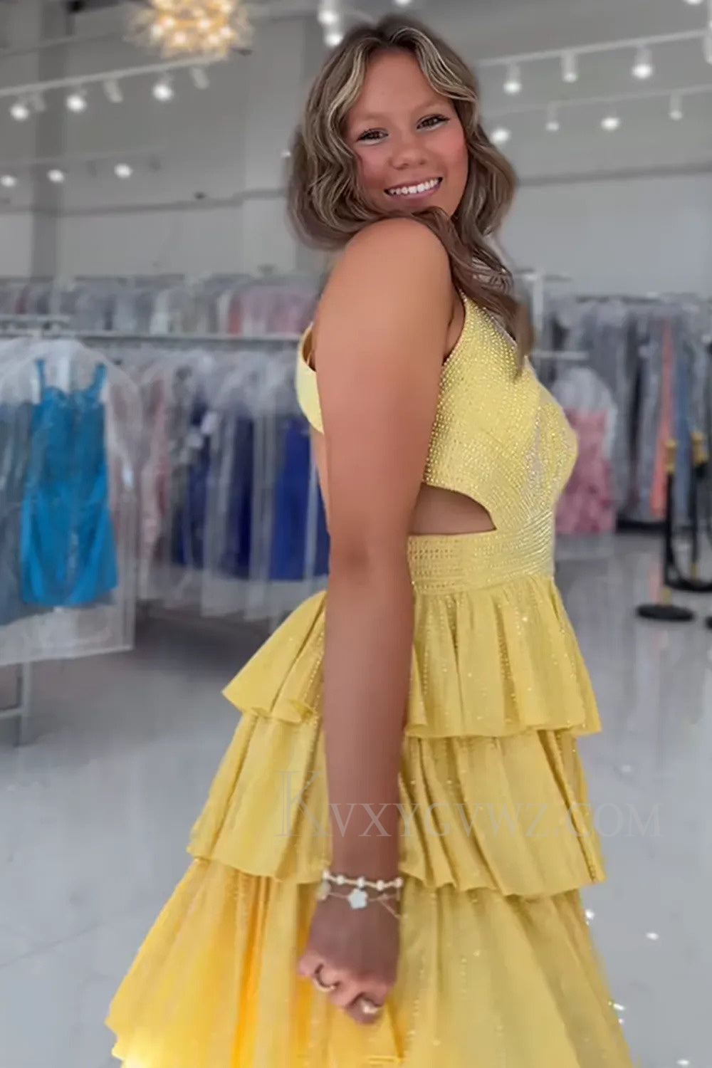 Sparkly Yellow A Line Beaded Short Homecoming/Cocktail Dress with Ruffles LF358