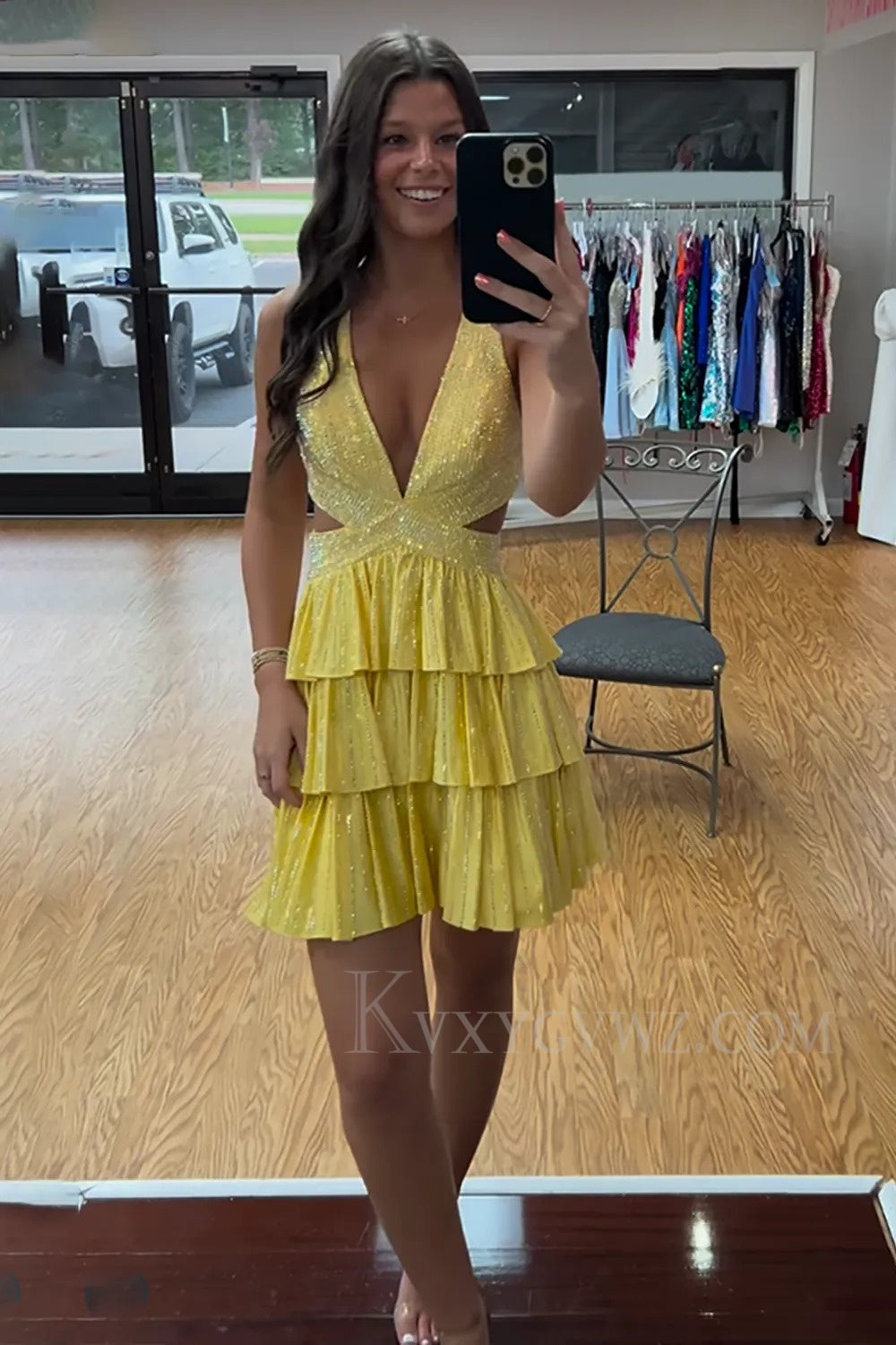 Sparkly Yellow A Line Beaded Short Homecoming/Cocktail Dress with Ruffles LF358