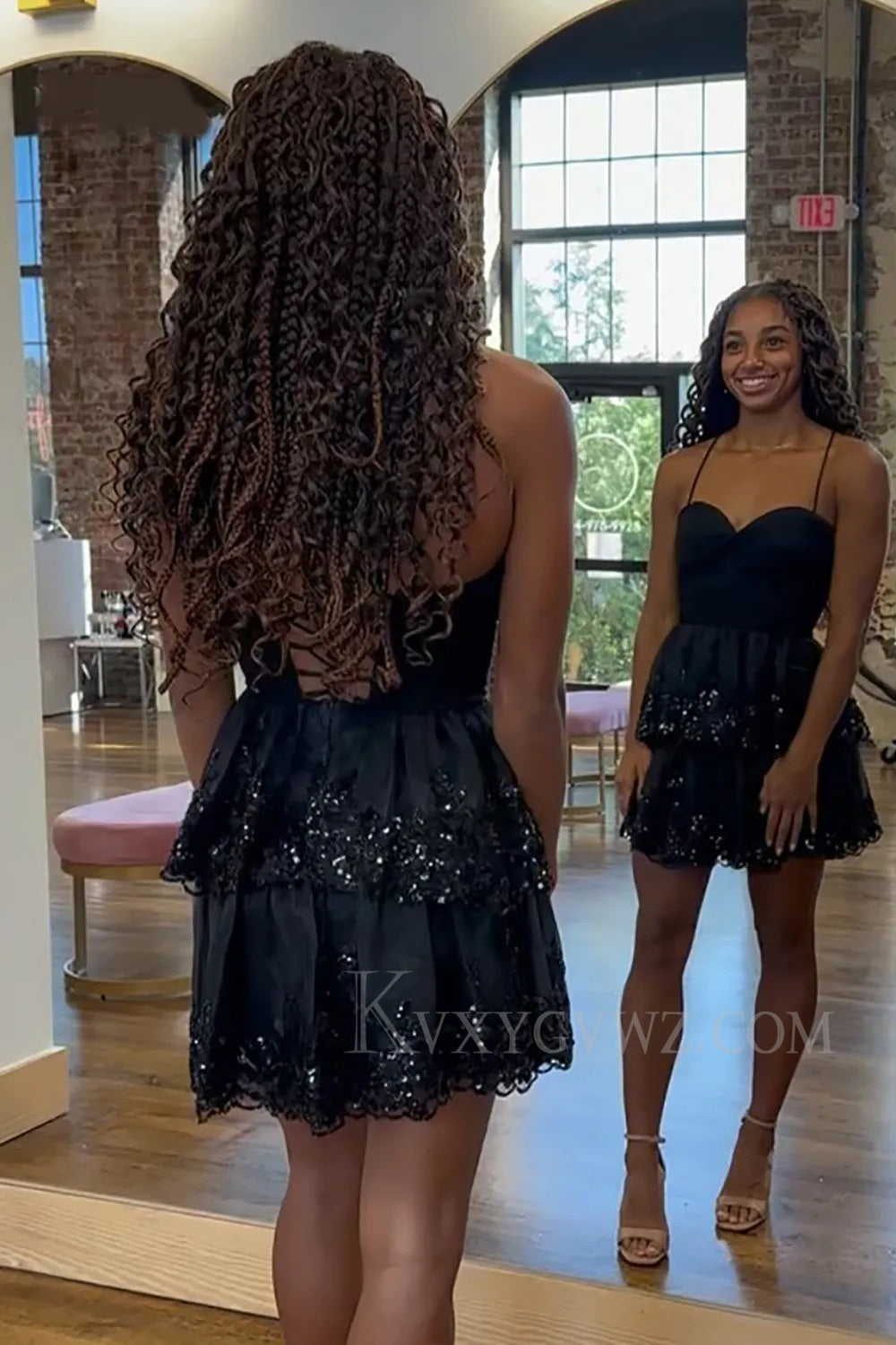 Sparkly Black Ruffled A Line Short Corset Homecoming/Cocktail Dress with Sequins LF359