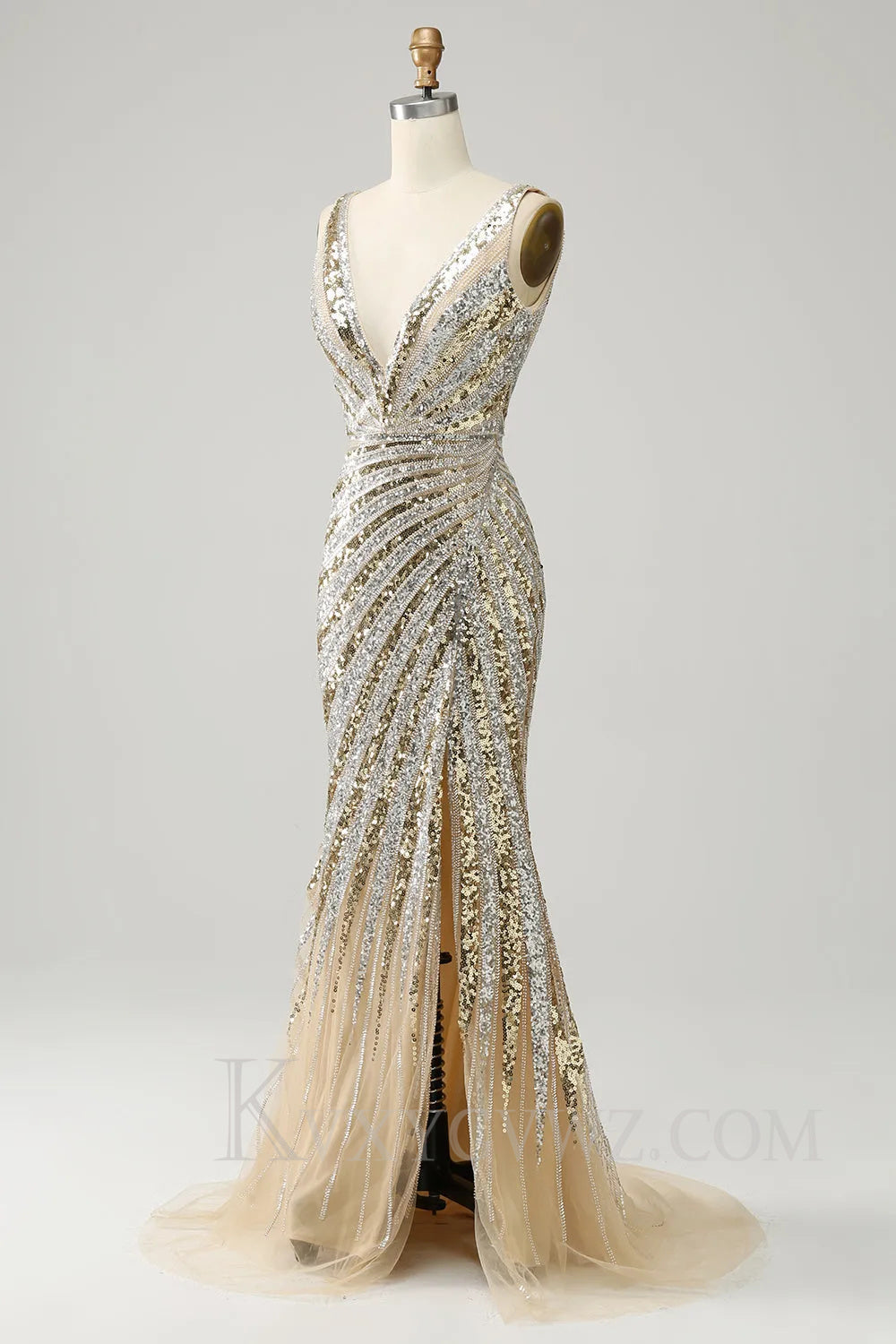 Mermaid Deep V Neck Golden Long Prom Dress with Silt LF036