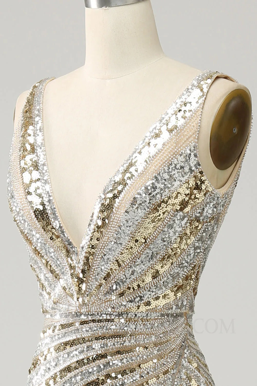 Mermaid Deep V Neck Golden Long Prom Dress with Silt LF036