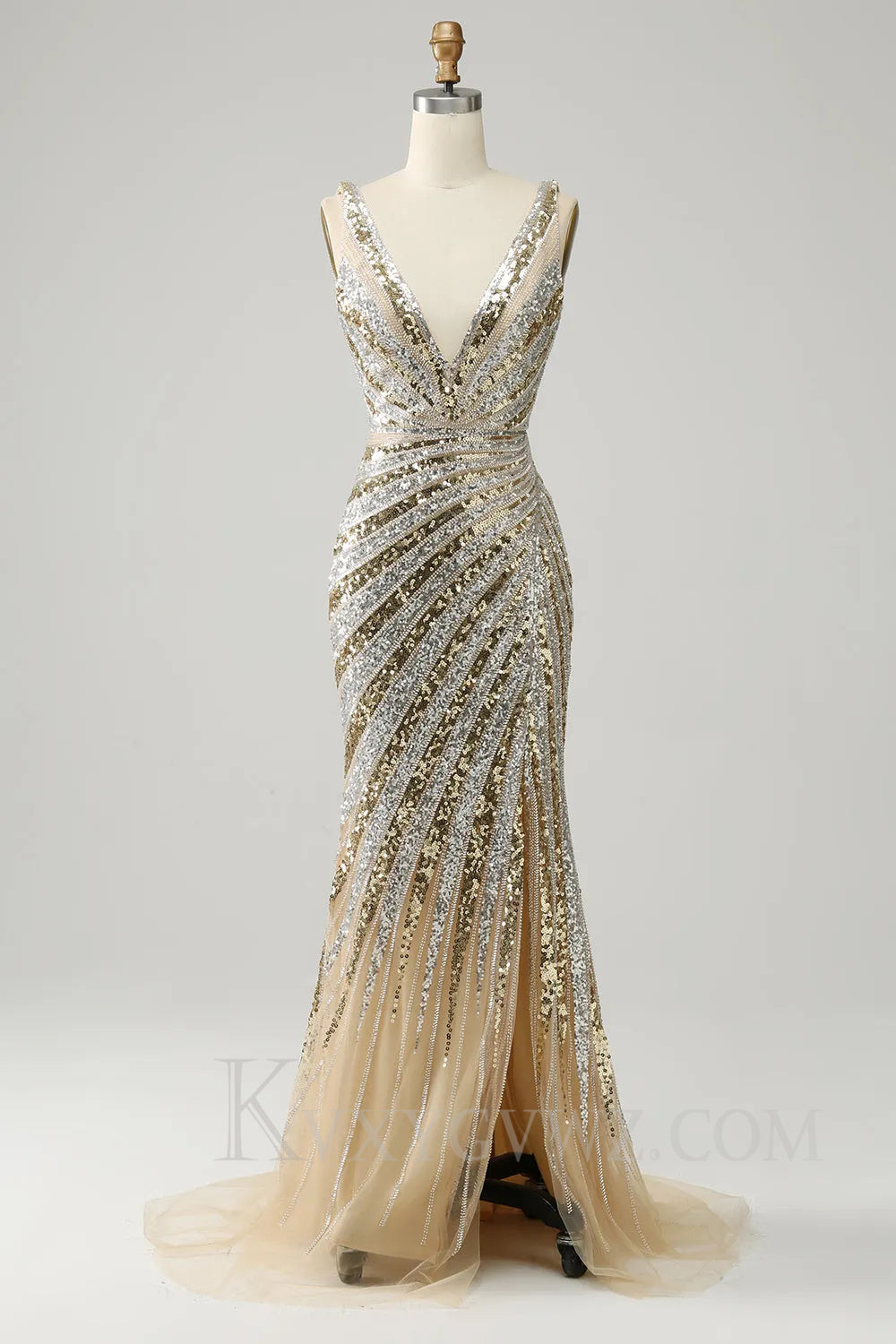 Mermaid Deep V Neck Golden Long Prom Dress with Silt LF036