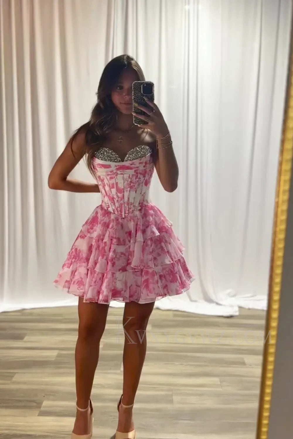 Sparkly Pink A Line Floral Corset Short Homecoming/Cocktail Dress with Beading LF361