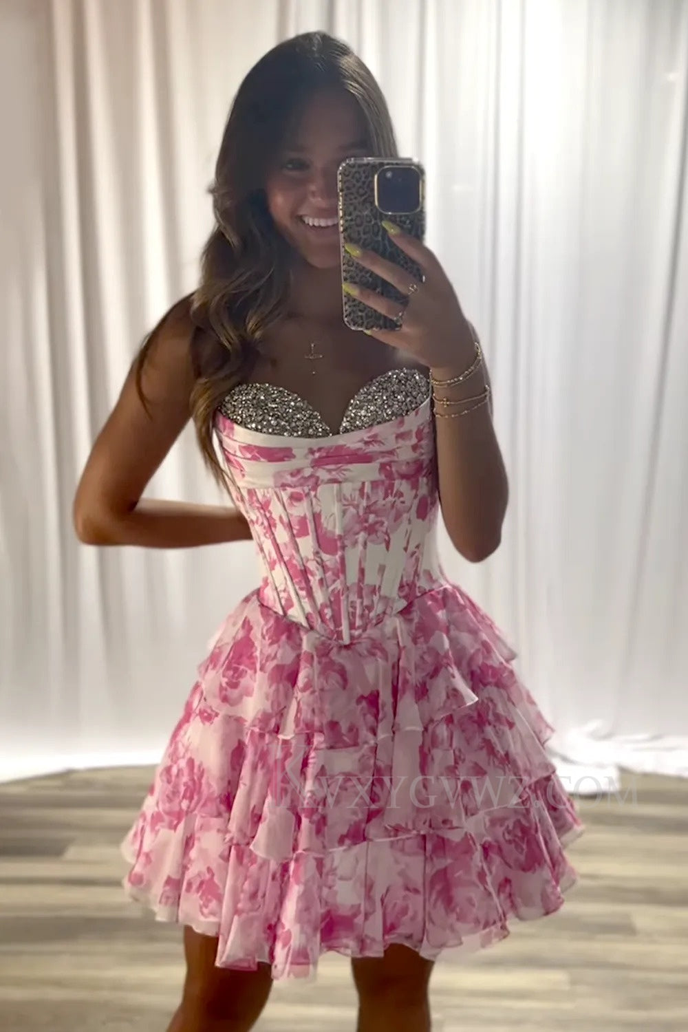 Sparkly Pink A Line Floral Corset Short Homecoming/Cocktail Dress with Beading LF361