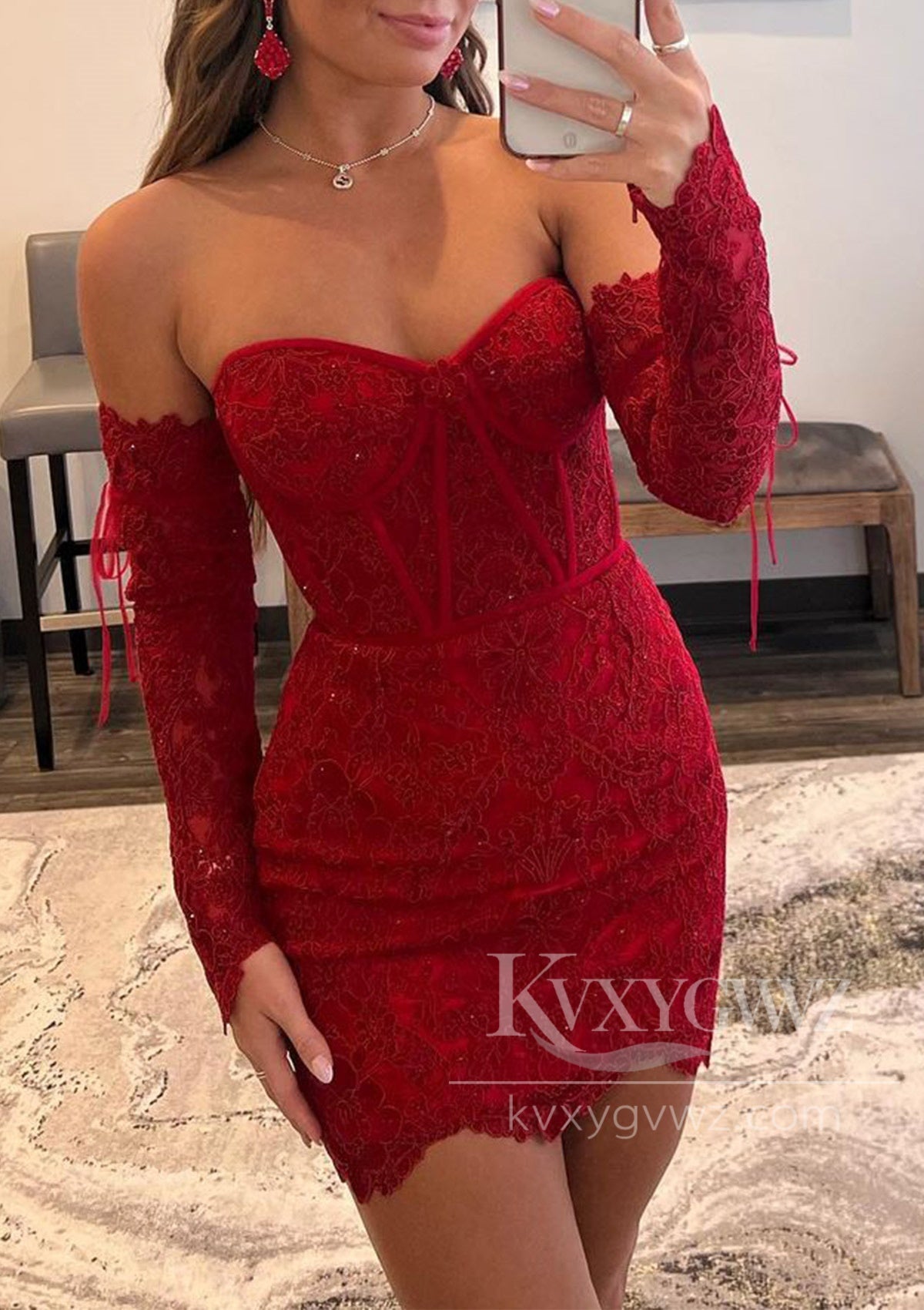 Vibrant Pink Lace Off-Shoulder Cocktail/Homecoming Dress LF363