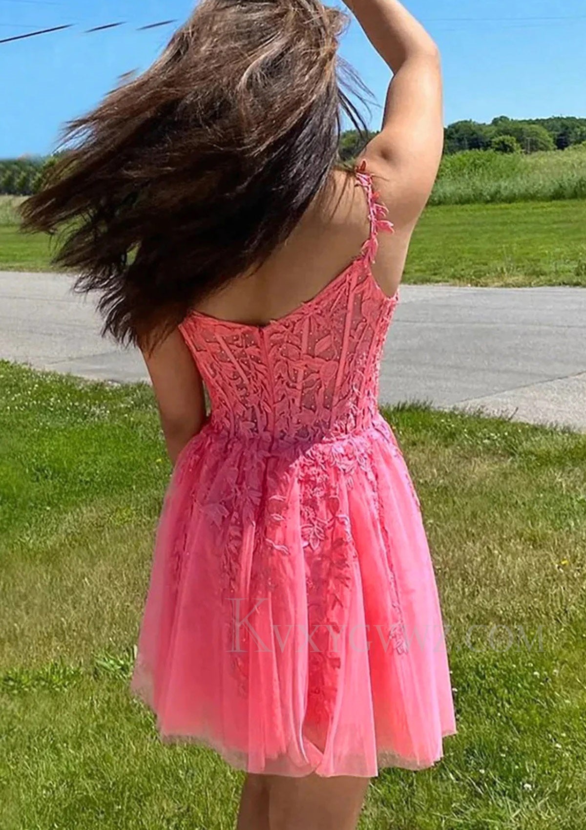Spaghetti Straps Coral Backless Short Cocktail Dress with Appliques LF364