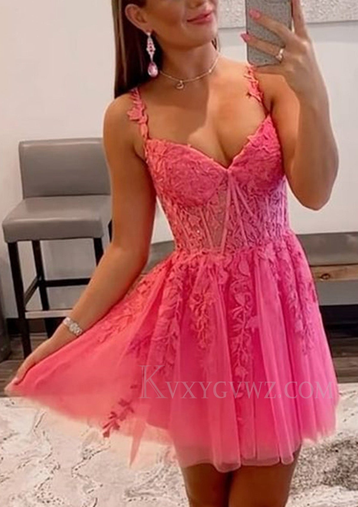 Spaghetti Straps Coral Backless Short Cocktail Dress with Appliques LF   KVXYGVWZ