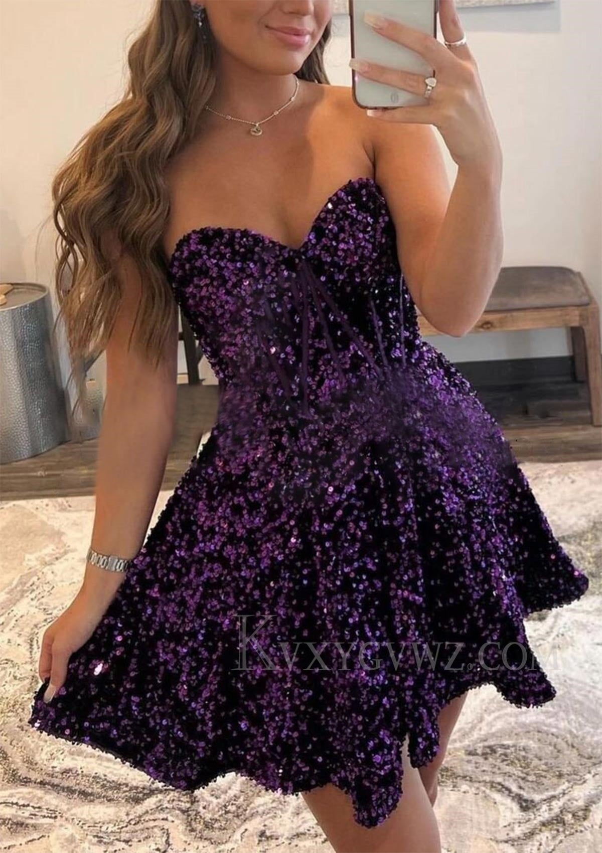 A-line Sweetheart Sleeveless Short/Mini Velvet Sequins Homecoming Dress with Pockets LF367