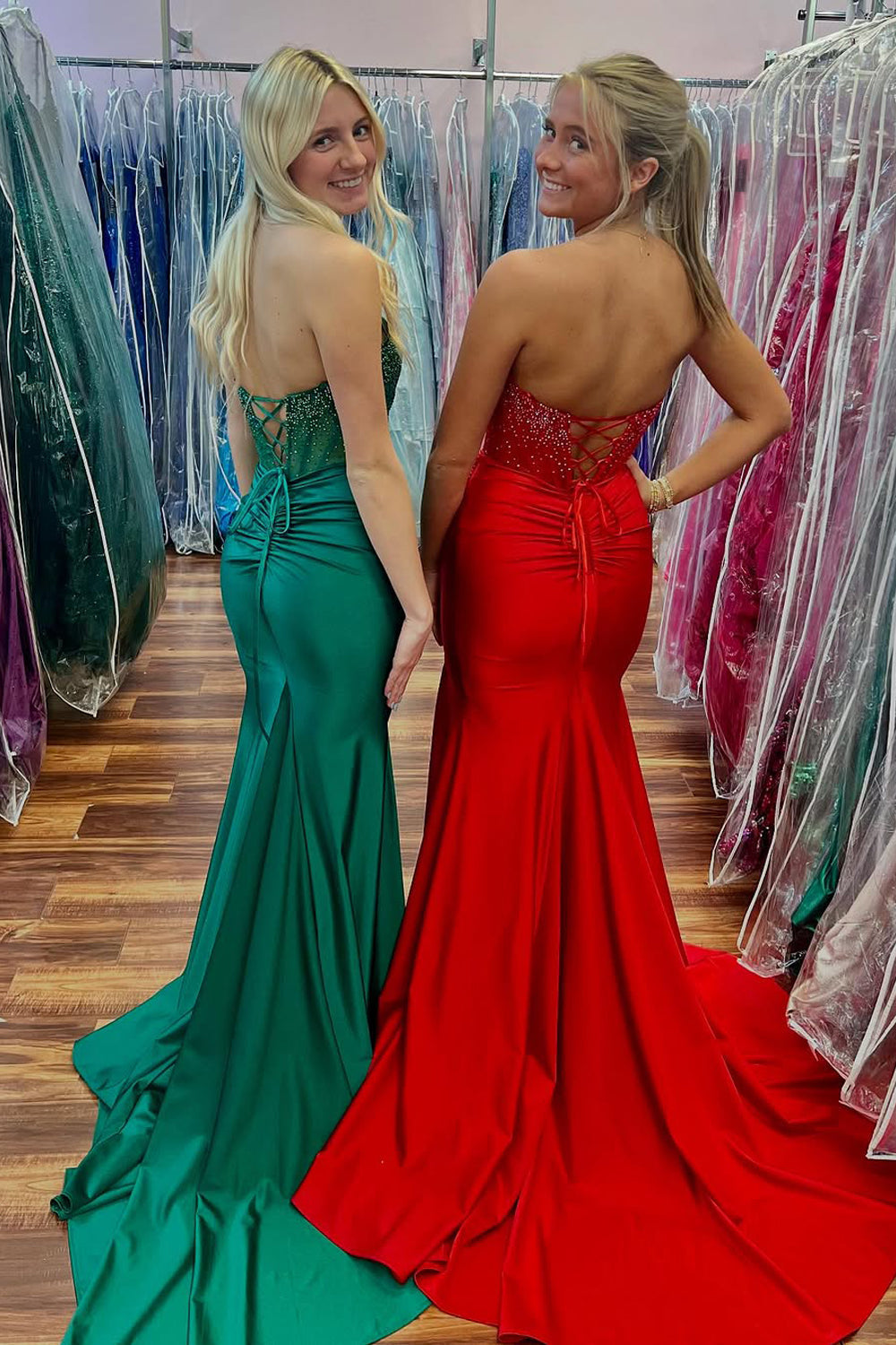 Mermaid Strapless Green Satin Long Prom Dress Gown with Slit LF1330