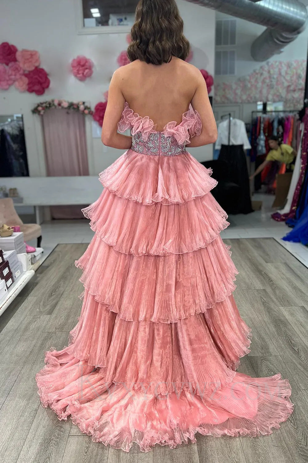 Glitter Blush A-Line Beaded Long Tulle Tiered Prom Dress with Ruffles LF037
