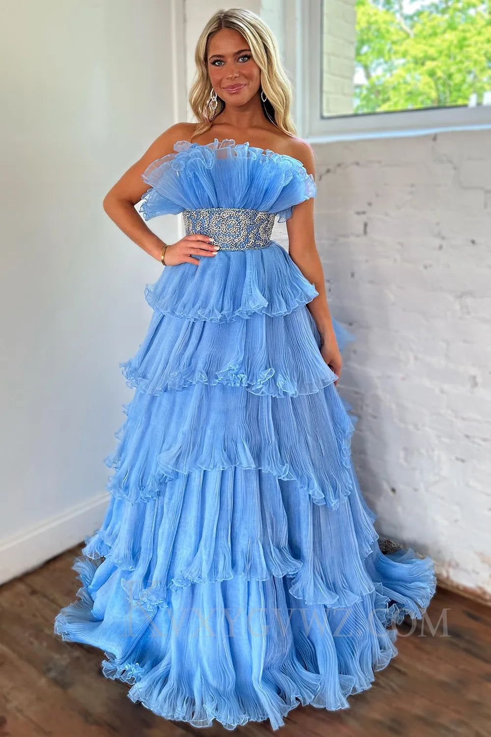 Glitter Blush A-Line Beaded Long Tulle Tiered Prom Dress with Ruffles LF037