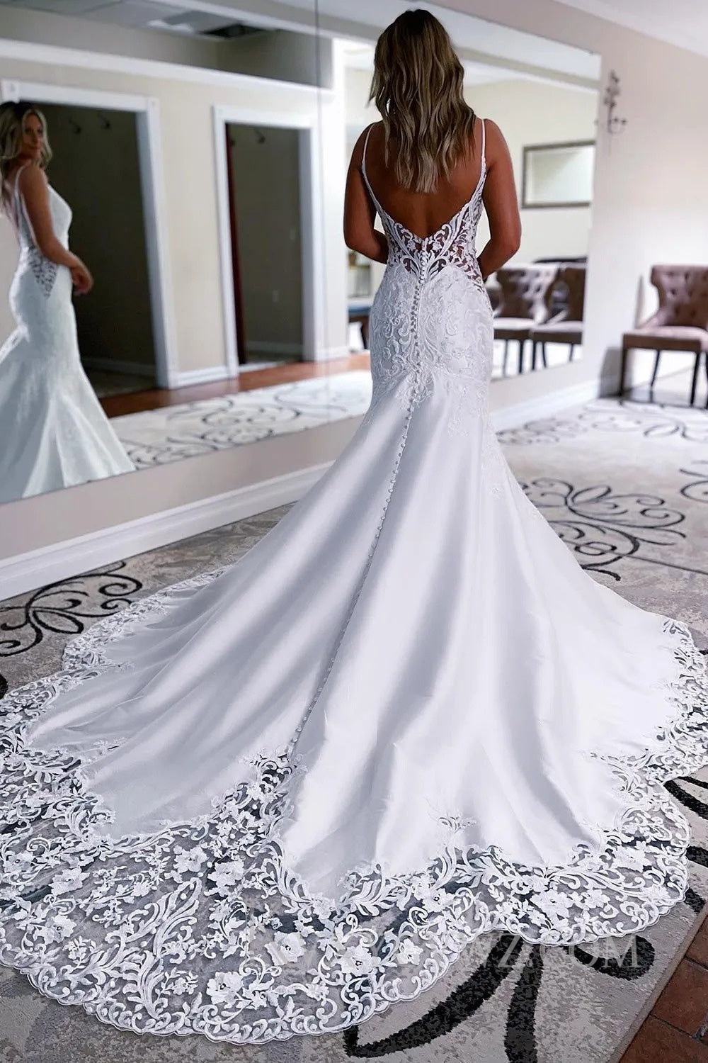 White Mermaid Long Satin Wedding Dress with Lace HS375