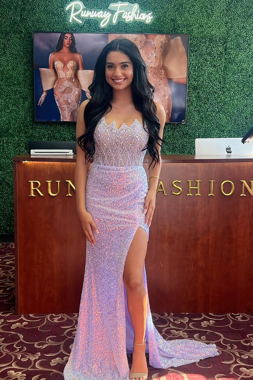 Mermaid Strapless Lilac Sequins Long Prom Dress Gown with Slit LF1355