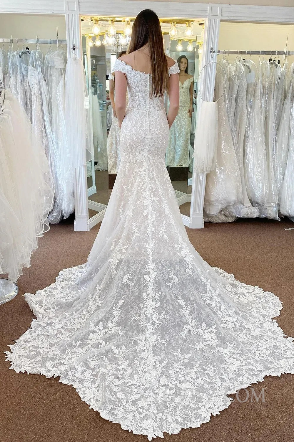 Ivory Off the Shoulder Long Lace Mermaid Wedding Dress HS377