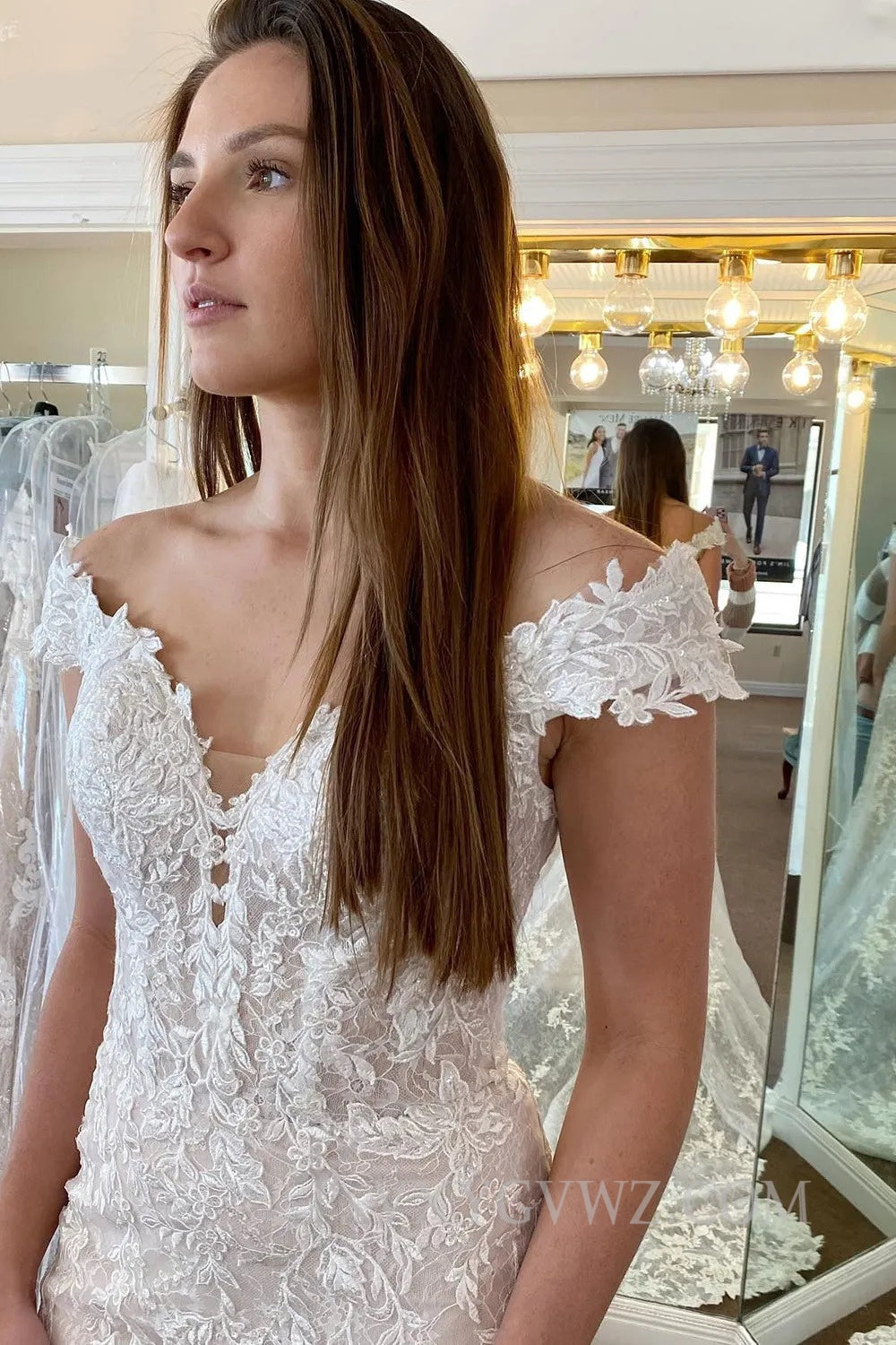 Ivory Off the Shoulder Long Lace Mermaid Wedding Dress HS377