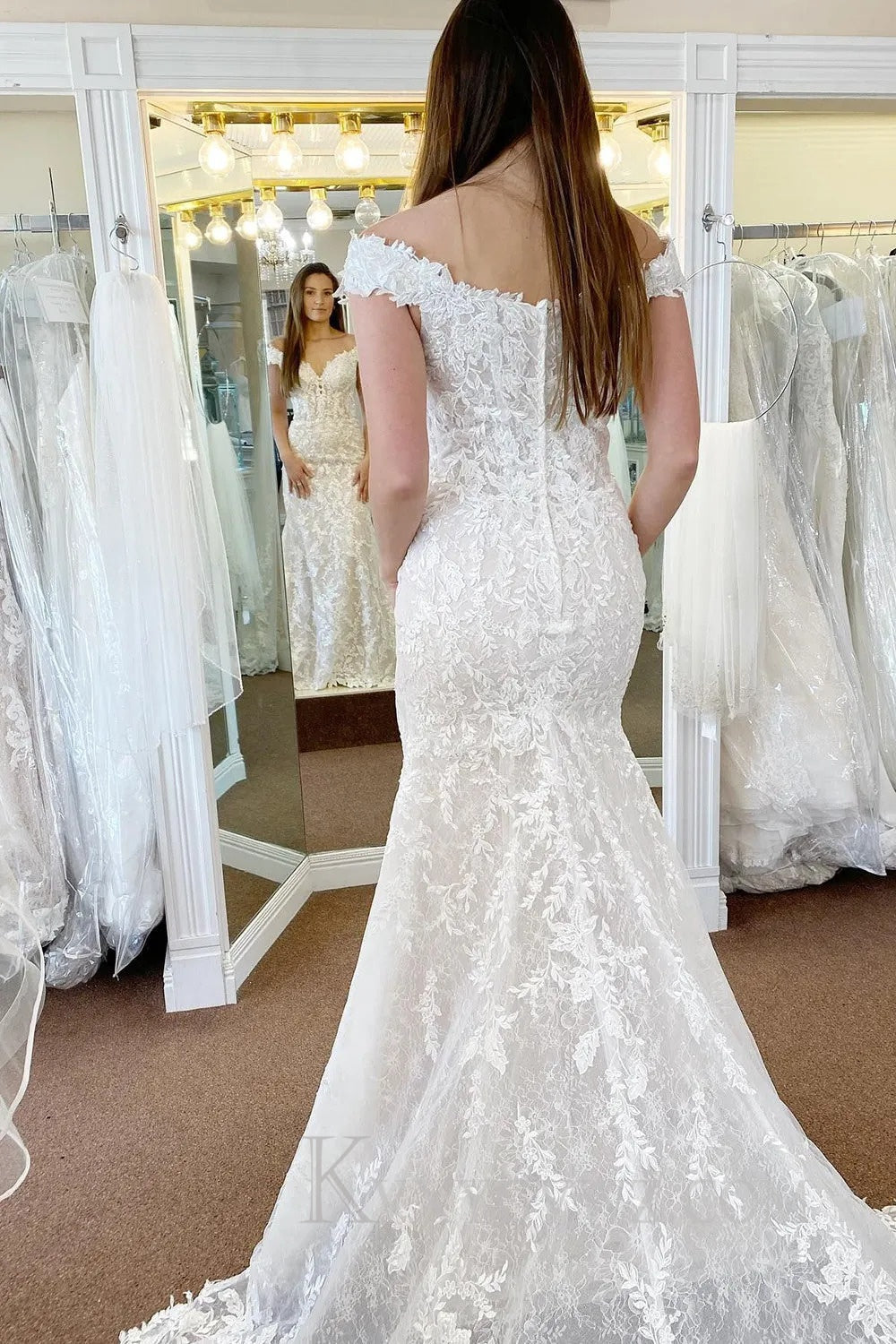 Ivory Off the Shoulder Long Lace Mermaid Wedding Dress HS377