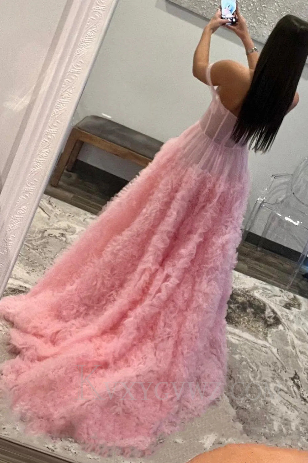 Pink Corset Off the Shoulder Long Prom Dress with Ruffles LF038