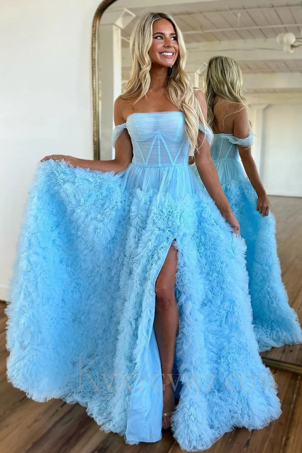 Pink Corset Off the Shoulder Long Prom Dress with Ruffles LF038