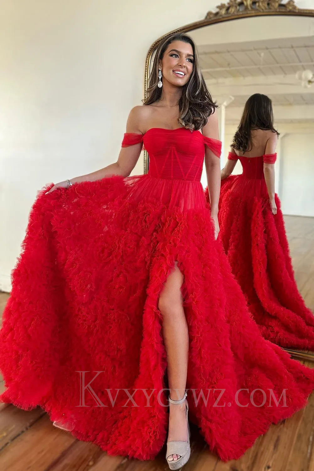 Pink Corset Off the Shoulder Long Prom Dress with Ruffles LF038