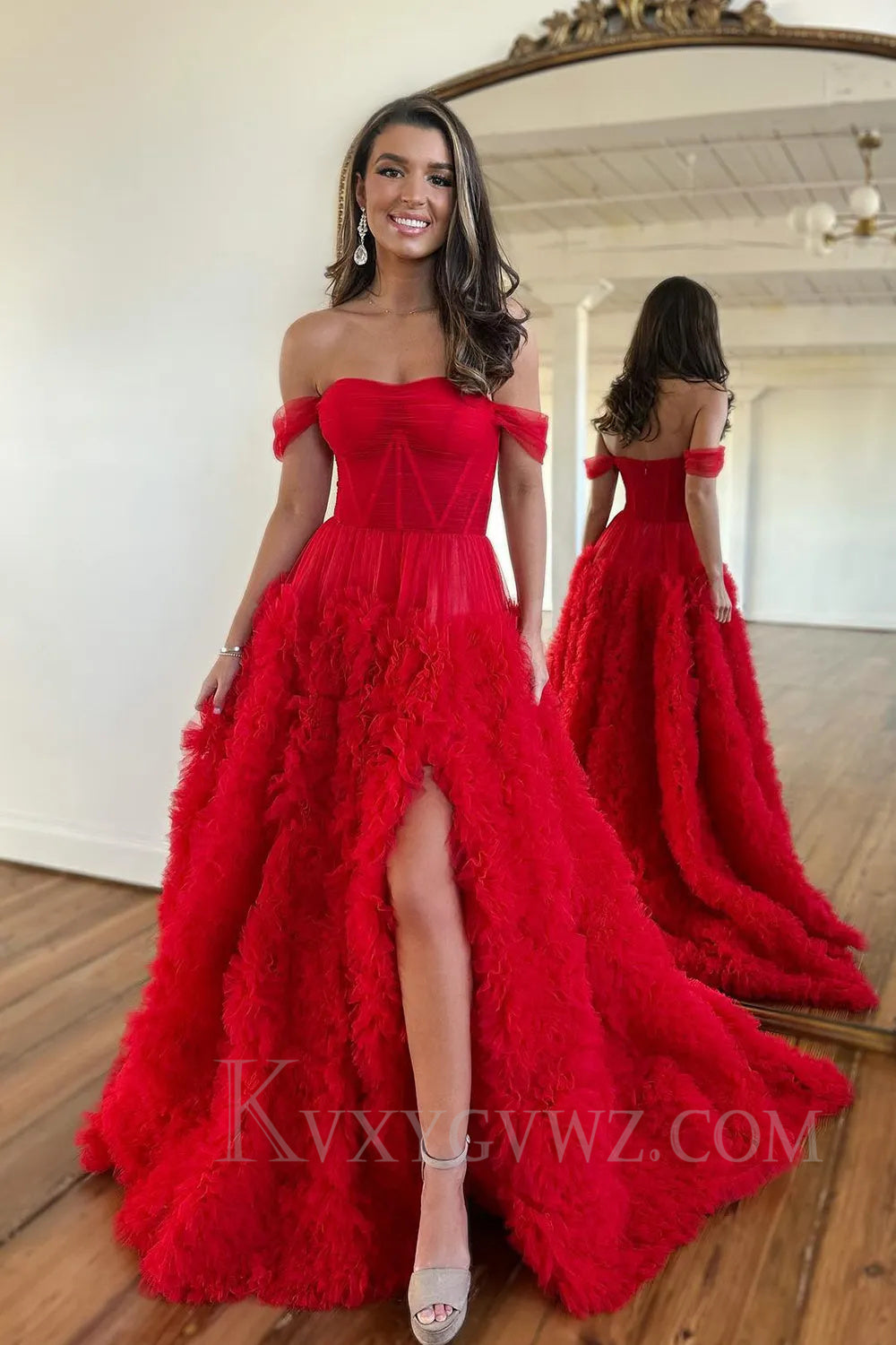 Pink Corset Off the Shoulder Long Prom Dress with Ruffles LF038