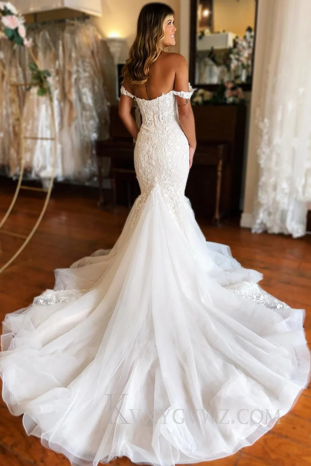 Mermaid White Lace Sweep Train Long Wedding Dress HS382